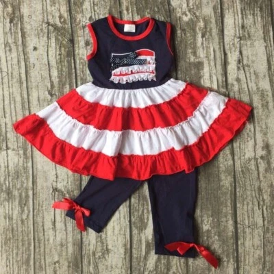 NEW Boutique Patriotic Ruffle Tunic Dress Leggings Girls Outfit Set 4th of July - Image 1 of 3
