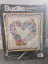 Vintage Bucilla Needlepoint Butterfly Wreath Pillow 14 x 14 NOS Sealed 1990