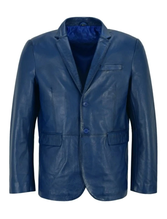 Men's Leather Blazer Blue Classic 2 Button Real Lambskin Leather Coat Blazer
