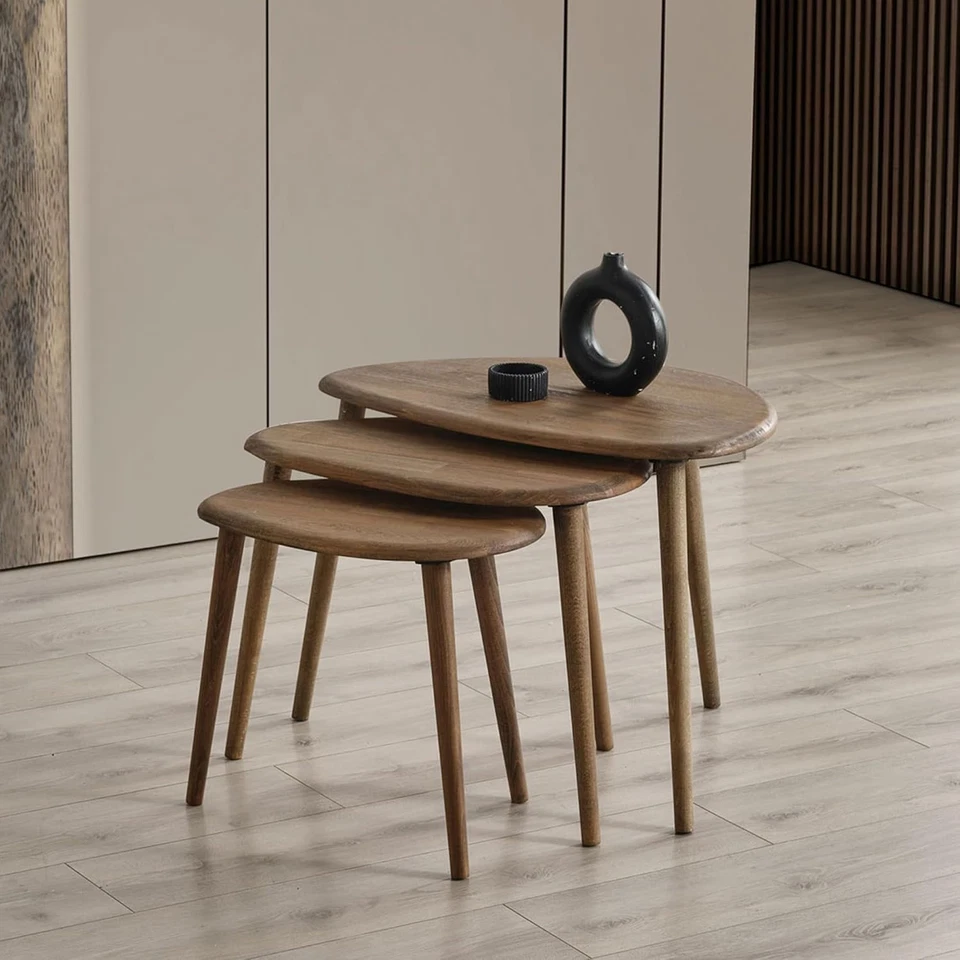 3 Pcs Nesting Coffee Table Set Mid-Century Modern Wood Walnut Oval Side End - Image 2 of 4