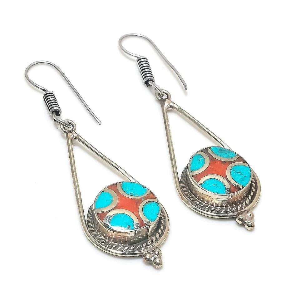 Boucles d'oreilles pierres précieuses turquoise corail rouge derniers... - Photo 1/4