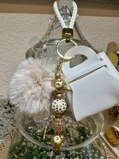 White Heart Pom Pom Beaded Detachable Key Chain Bag Charm w/ Mini Pouch
