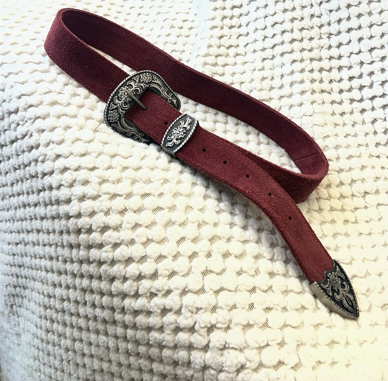 Red Western Belt S/M 1in Wide Solid Adjustable with Ornate Buckle