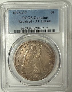 1872 CC Carson City Seated Liberty dollar PCGS AU detail. Only 3 150 made #mrc19