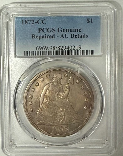 1872-CC Carson City Seated Liberty dollar PCGS AU detail. Only 3,150 made #mrc19