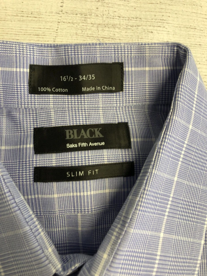 Black Saks Fifth Avenue Dress Shirt Mens 16.5 34/35 Blue Plaid Slim Fit - Image 2 of 4