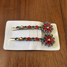 Rhinestone Crystal AB Bobby Pins Barrette Hair Clips Red Fairy Vtg Look 2.5