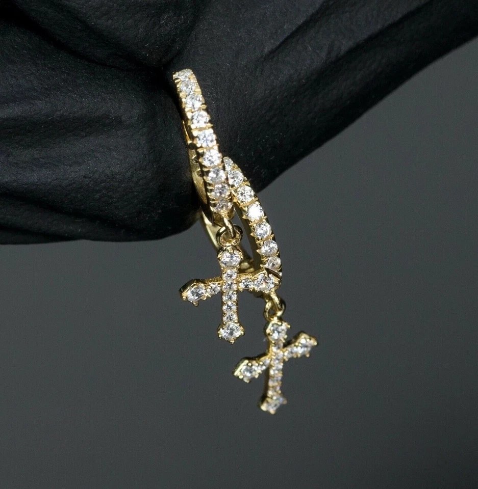 Pendientes colgantes de moissanita blanca de corte redondo de 2 quilates para hombre enchapados en oro amarillo de 14 quilates Foto 4 de 4