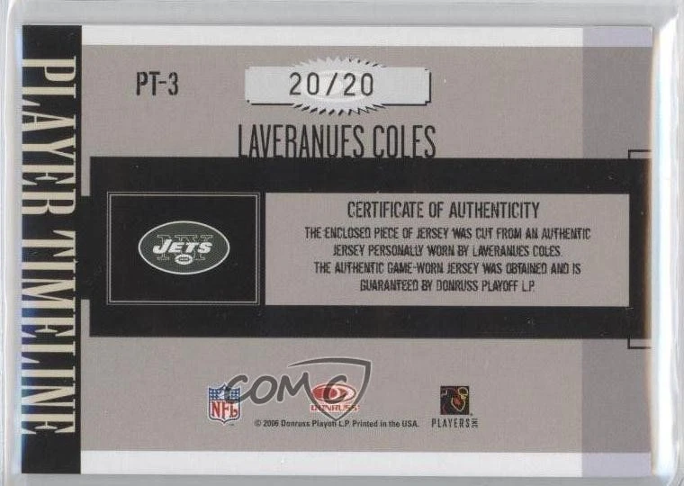 2006 Donruss Gridiron Gear Player Timeline Jumbo Swatch /20 Laveranues Coles - Image 2 of 2