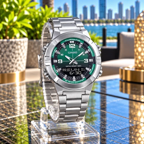 CASIO AMW-870DA-3AV MENS SILVER DIGITAL ANA-DIGI TEAL GREEN DIAL SPORTS WATCH