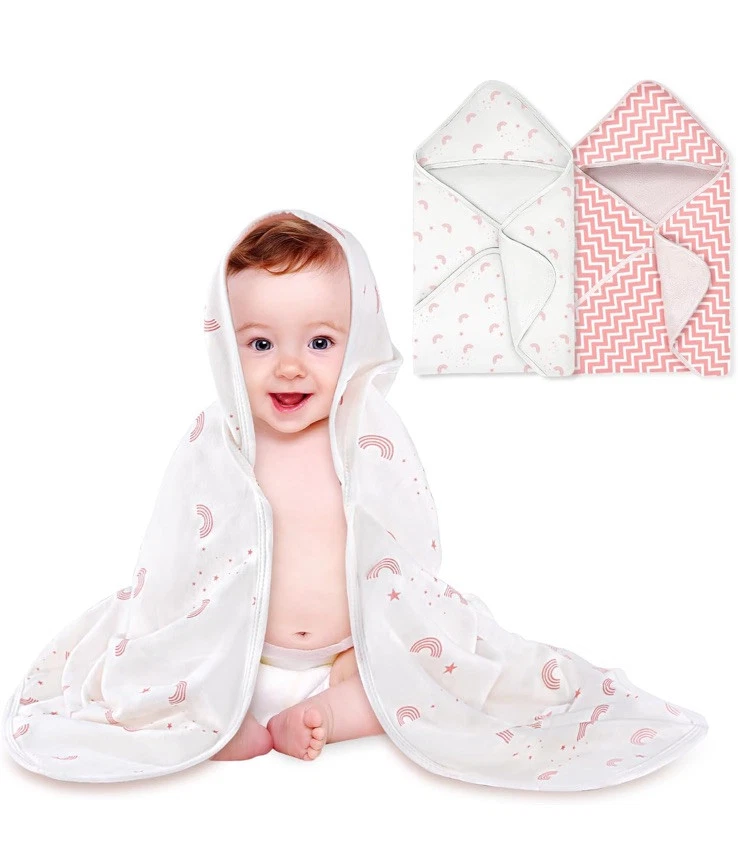 2 Pack Hooded Baby Towels, Soft and Absorbent Nursery Towel, Large 28x28 - Pink
