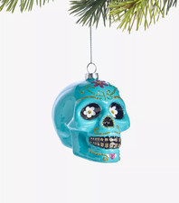 Day of the Dead Glass Skull Christmas ornament, Turquoise NWT