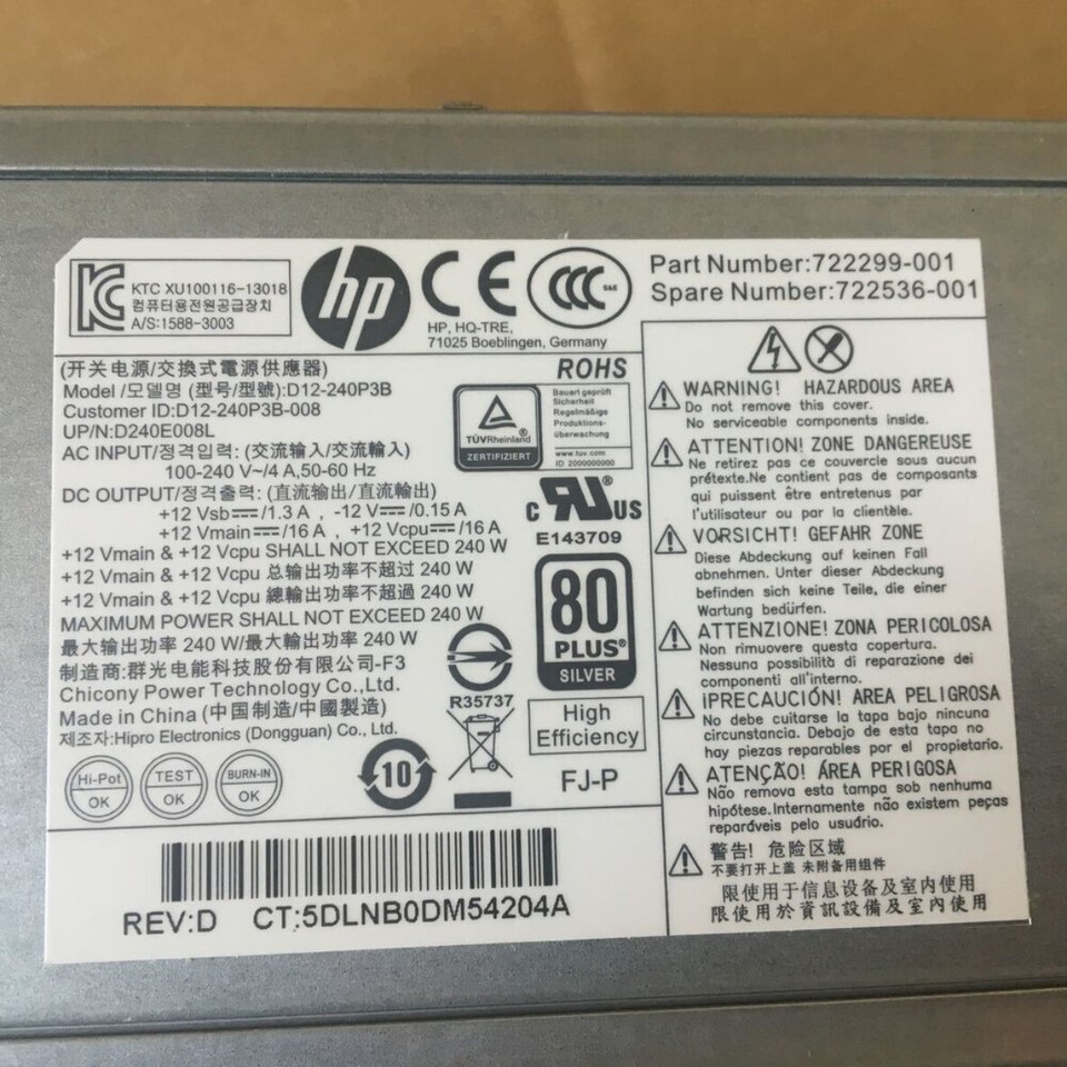 Alimentation HP 240W SFF – 80 Plus Silver – Réf. 722299-001 / 722536-001