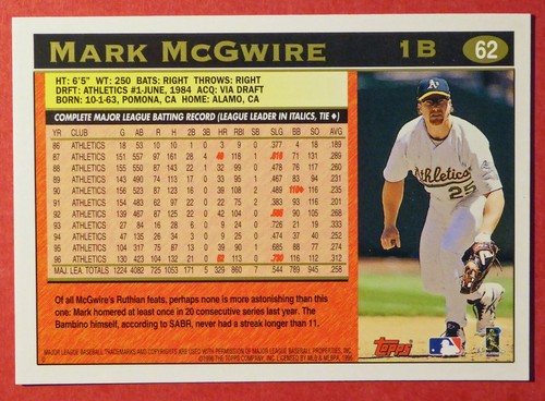 1997 Topps Mark McGwire #62 (Athletics) NM/MT - Picture 2 of 2