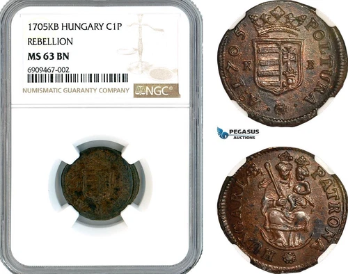 AK569, Hungary, Francis II Rakoczi, Rebellion 1 Poltura 1705 KB, NGC MS63BN