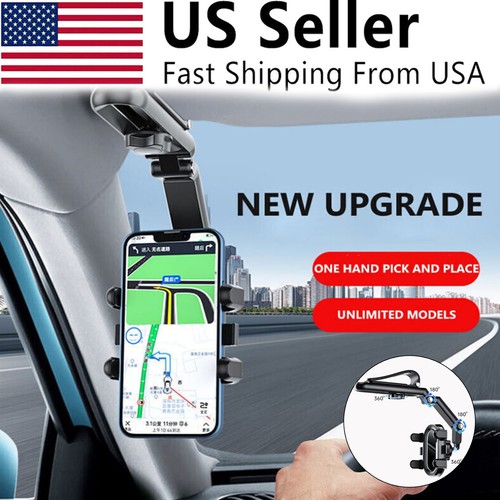 1080° Car Phone Holder Rotatable & Retractable Sun Visor Mirror Mount Universal