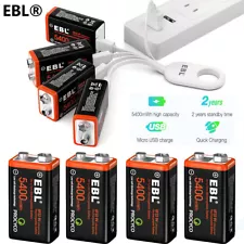 EBL 9 Volt Li-ion USB Rechargeable Batteries 5400mWh 9V Lithium Ion Battery Lot