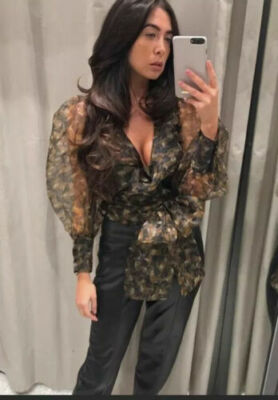 トップス n ZARA BROWN PRINTED ORGANZA BLOUSE V-NECK Semi Sheer Fashion Size