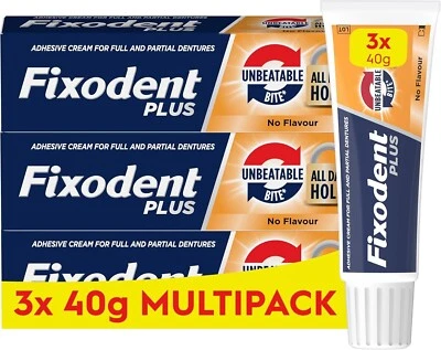 Fixodent Plus Unbeatable Bite Denture Adhesive Flavour Free 40g x 3