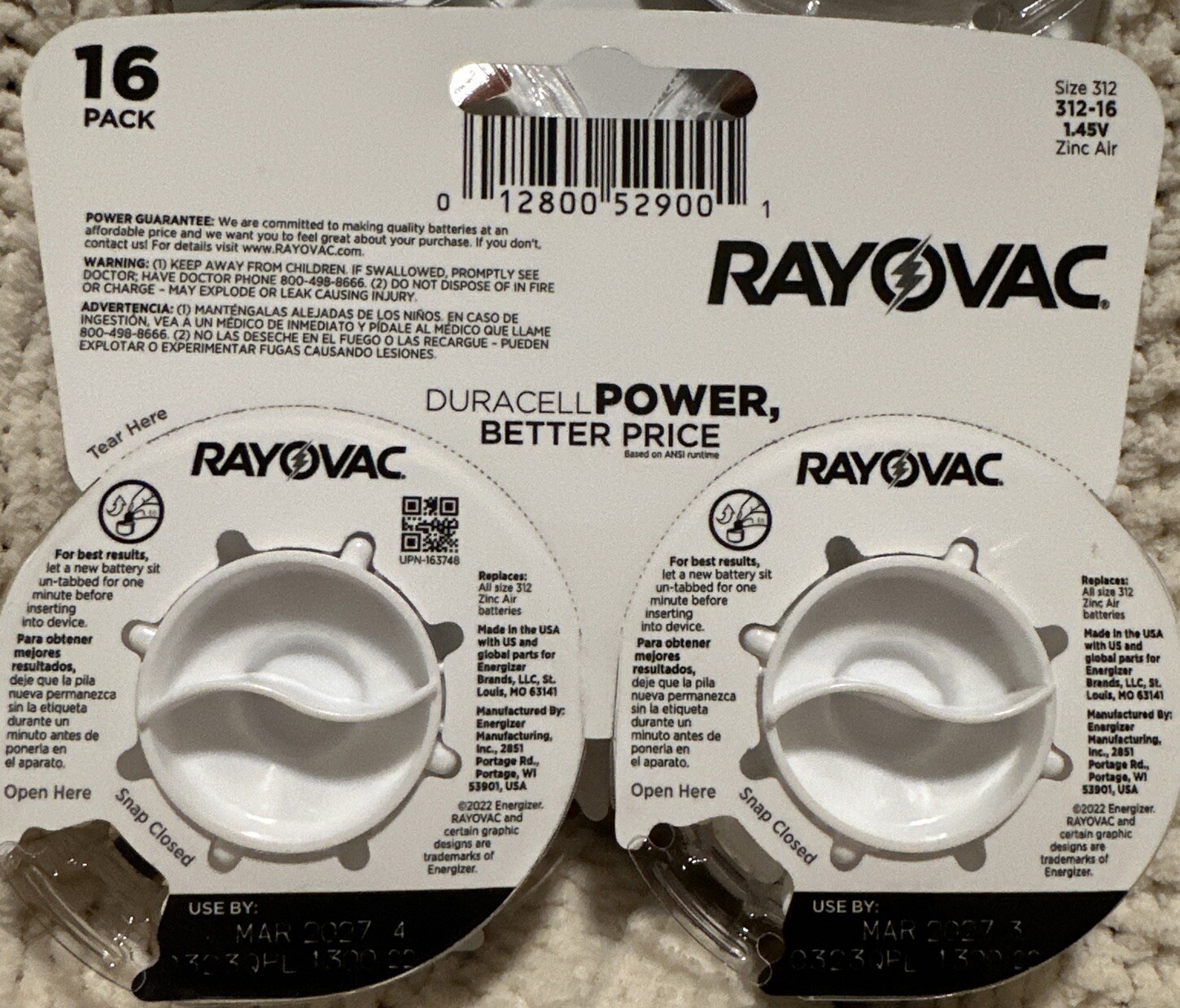 Rayovac Hearing Aid Batteries Size 312 Mercury Free Sealed 64 Total Exp 03/27
