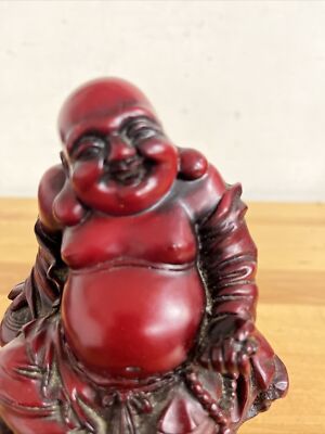 Happy Smiling Mahogany Red Resin Buddha Figure - 7 1/2” - Hard To
