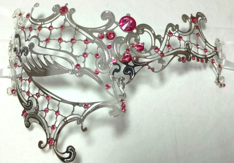 Masquerade Eye Face Mask Venetian Filigree Lace Renaissance Costume Silver Pink - Image 3 of 4