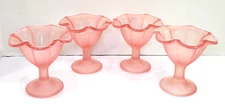 Vintage PINK FROSTED RUFFLED GLASS SUNDAE CUPS Ice Cream 5.25" Set of 4