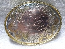 Pink Flower Gold Engraved Swirl Oval Western Belt Buckle W Brand USA Great VTG