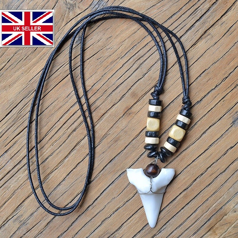FAKE 3.5cm SHARK TOOTH NECKLACE MENS PENDANT SURFER SKATER TEETH BONE