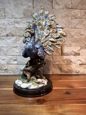Vintage Dancing Peacock Ceramic Statue on Round Wooden Base 12 inch