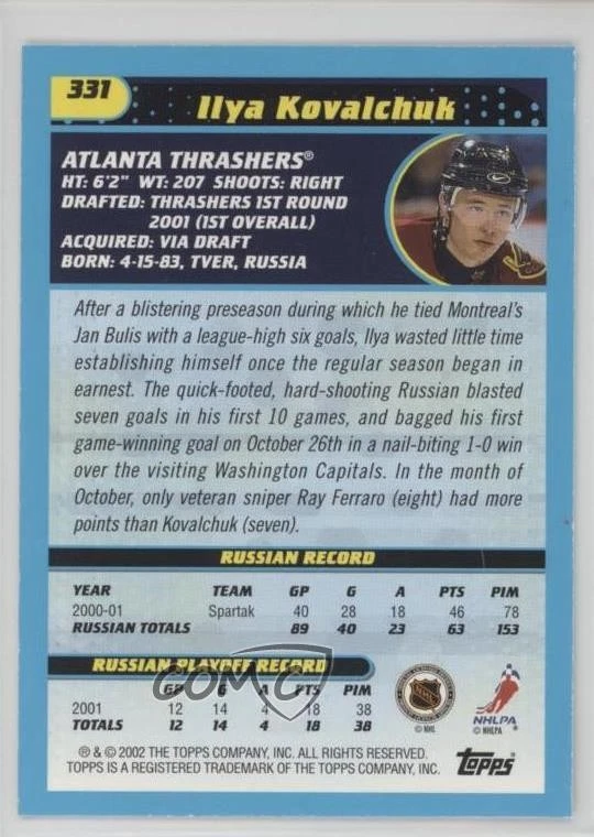 2001-02 Topps Ilya Kovalchuk #331 Rookie RC - Image 2 of 2
