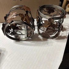 Pair of Rustic Metal Wrapped Leaf Pillar Candle Holders W/O Glass Inserts
