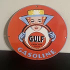 VINTAGE GULF DRIVING LADY GASOLINE MOTOR OIL PORCELAIN SIGN