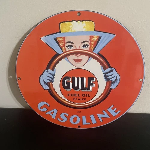 VINTAGE GULF DRIVING LADY GASOLINE MOTOR OIL PORCELAIN SIGN