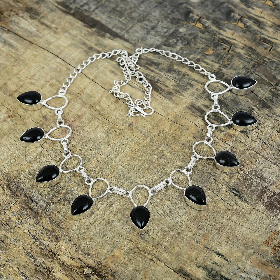 Naturale Onice Nera Gemma 925 Argento Sterling Mano Gioielli Collana Regali - Immagine 2 di 4