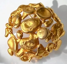 Brutalist Gold Nugget Brooch Signed DeNicola Domed Vintage 1960s Statement Pin