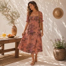 Anthropologie SZ XS Puff Sleeve Smocked Dress Square Neckline Bird Print Orange