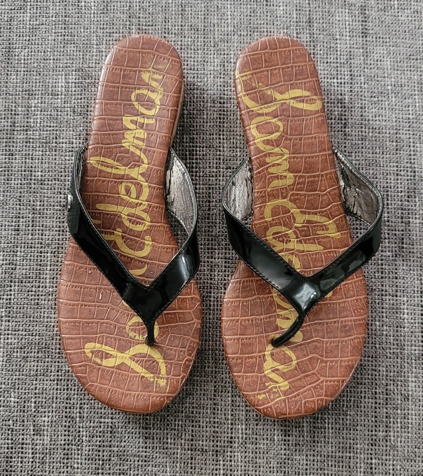 Sam Edelman Women's Tanya Black Patent Slip On Cork Wedge Flip Flop