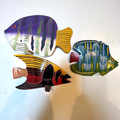 Hand Painted, hand carved wooden Tropical Fish. (3). one Signed 