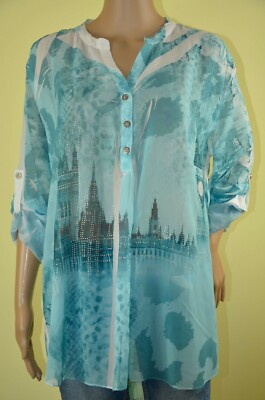 Tunika Bluse Motive Big Ben/Tower Glitzersteinchen blautöne onesize Gr. 40 - 42 