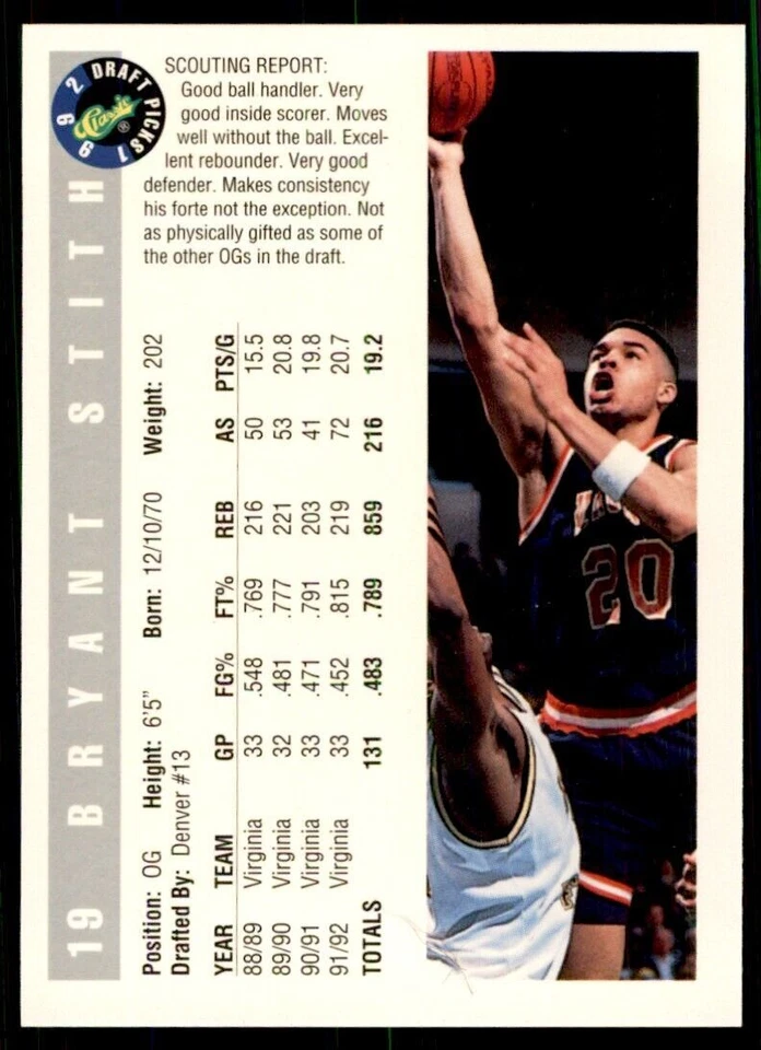 1992-93 Classic Draft Bryant Stith . Virginia Cavaliers #19 - Image 2 of 2