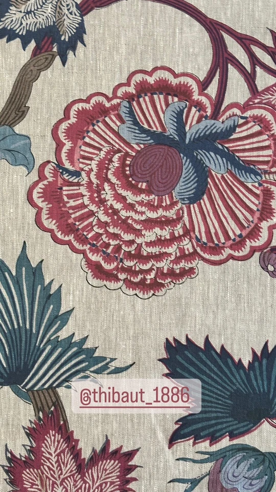 Indienne Jacobean Raspberry and Blue on Natural by Thibaut Fabric 7 Yards Linen - Image 2 of 4