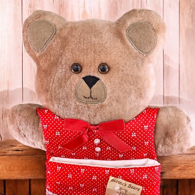 VTG Scotties Bears Plush Bear 3D Christmas Stocking Red Lace Button Retro Fabric