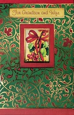 Merry CHRISTMAS Card FOR GRANDSON AND WIFE, Holly by Bella Greetings + Envelope