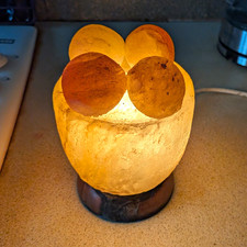 Pink Himalayan Salt Crystal Bowl Lamp, Wood Base, Corded Switch, LED Warm