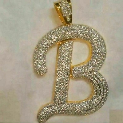 2 CT Round Lab Created Diamond Letter 'B' Charm Pendant 14k Yellow Gold Plated