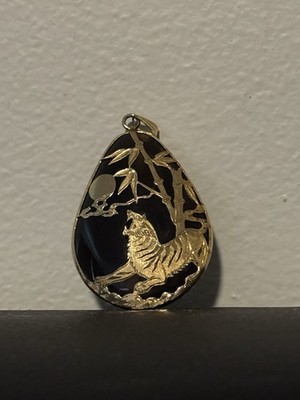 Gold Plated Smokey Quartz Tiger  & Bamboo Tree Pendant