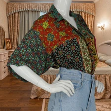 Vintage Kaleidoscope Geometric Blouse XL Vibrant Eclectic