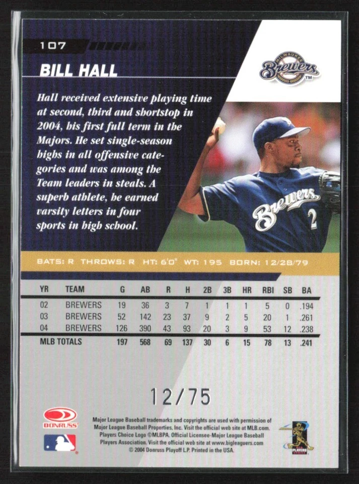 Bill Hall 2005 Leaf Press Proofs Blue /75 #107 Milwaukee Brewers - Image 2 of 2