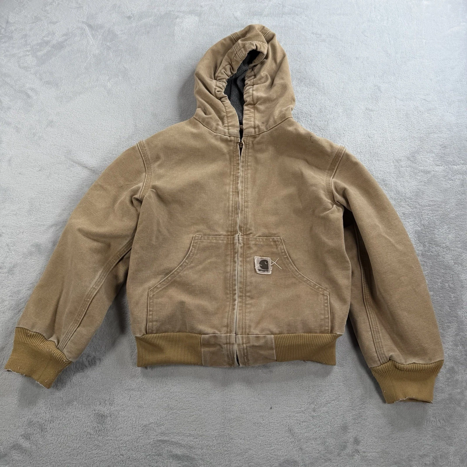 Carhartt Boys M Canvas Hooded Full Zip Jacket YJ130 CML Brown Fleece Lined Work